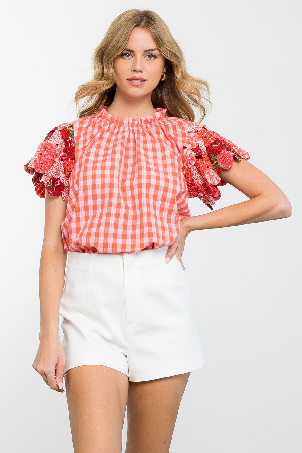 Textured Sleeve Gingham Top by THML