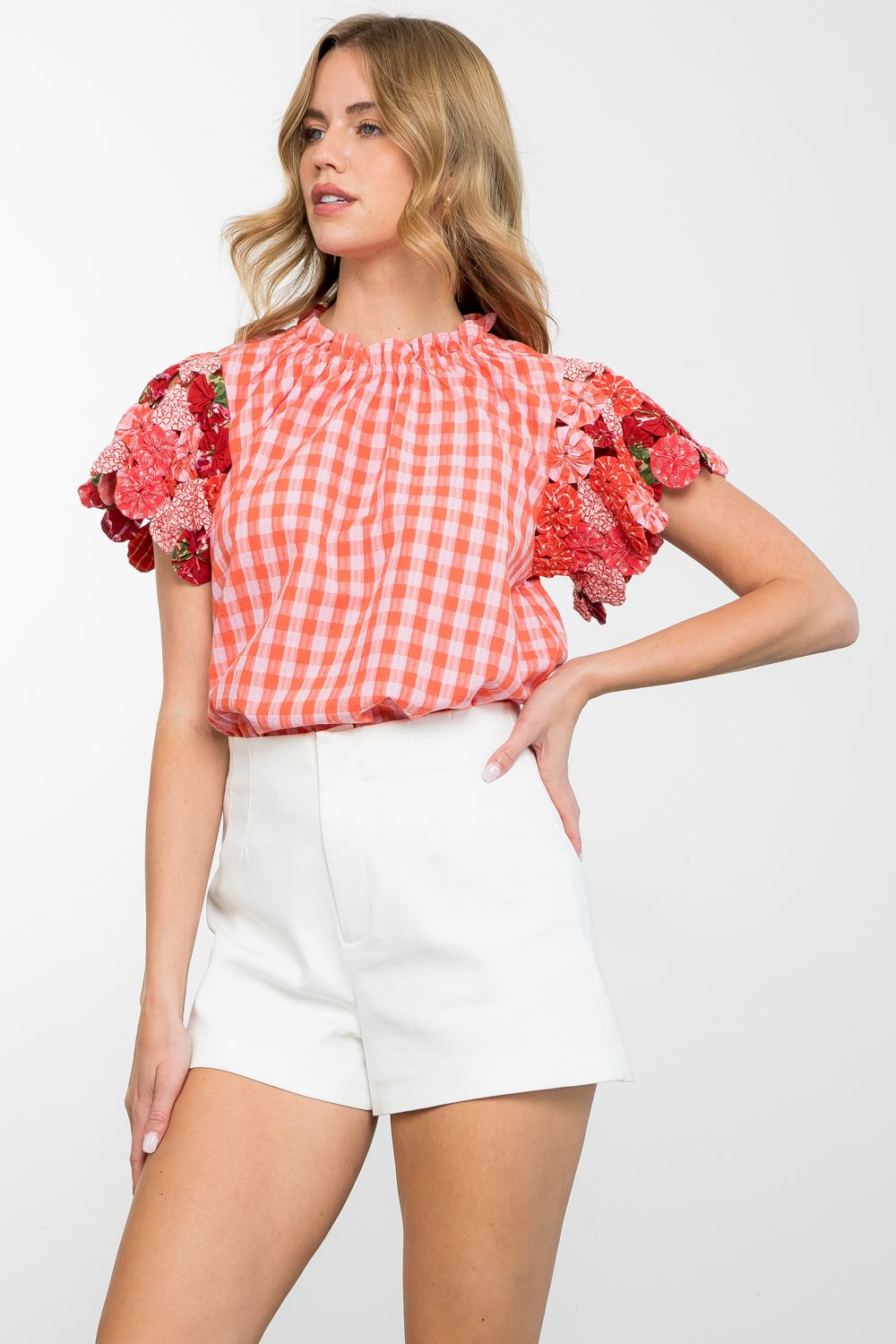 Textured Sleeve Gingham Top by THML