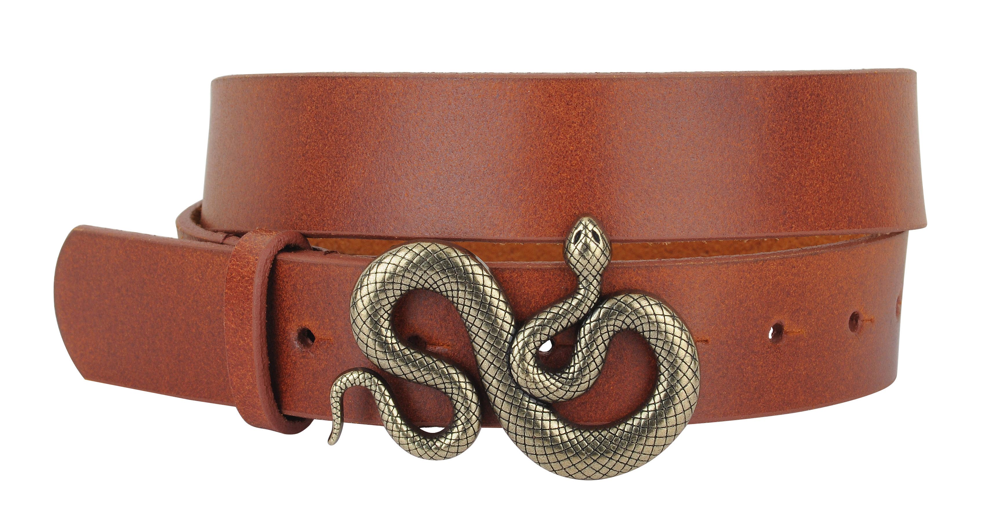Snake Buckle Leather Belt in Tan