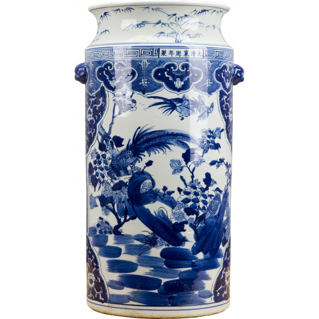 Hand Painted, Handled  Blue and White Chinoiserie Umbrella Stand