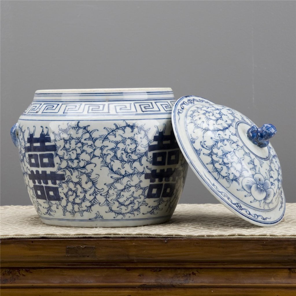Blue and White Lidded Double Happiness Hand Painted Jar Chinoiserie