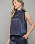 SATIN TOP WITH RIBBED TRIM ,MOONLIGHT BLUE