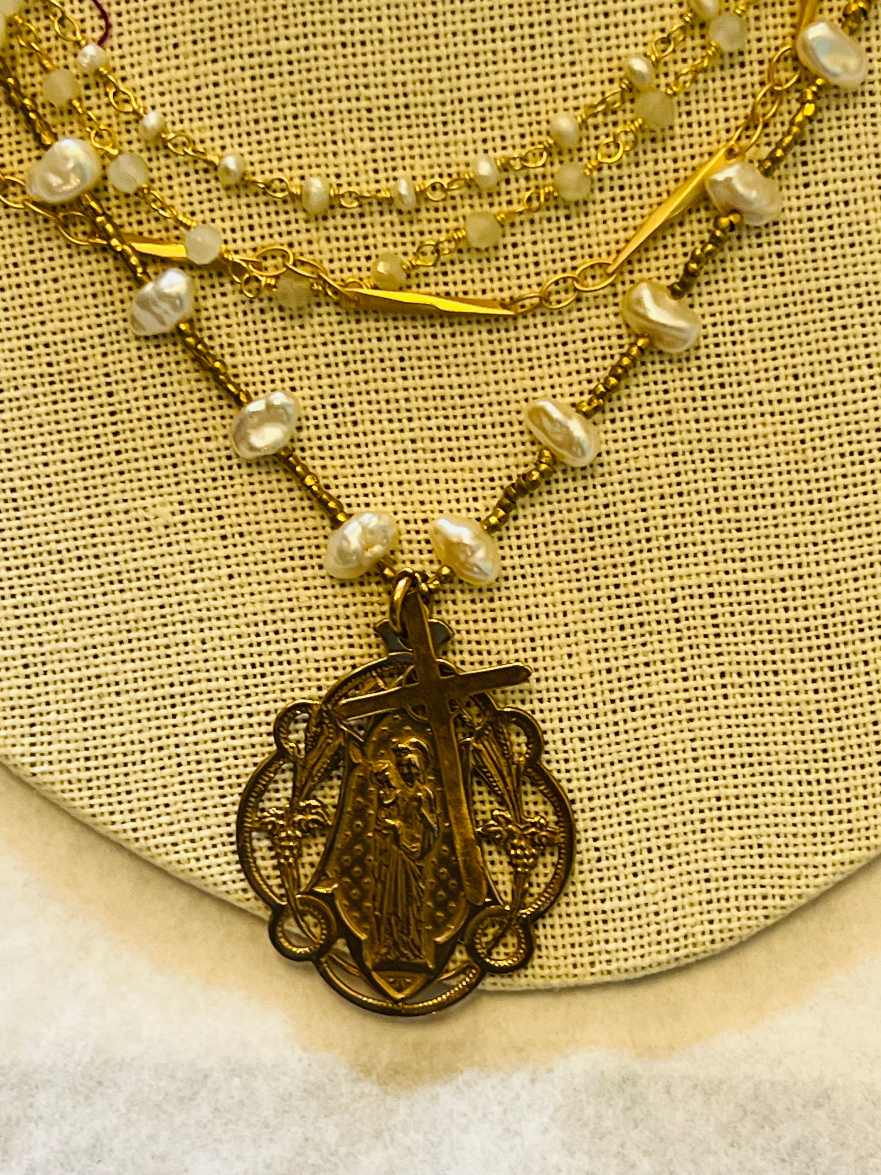 Vintage 4-Strand Necklace with Bronze St. Anne Medal and Gold Cross,