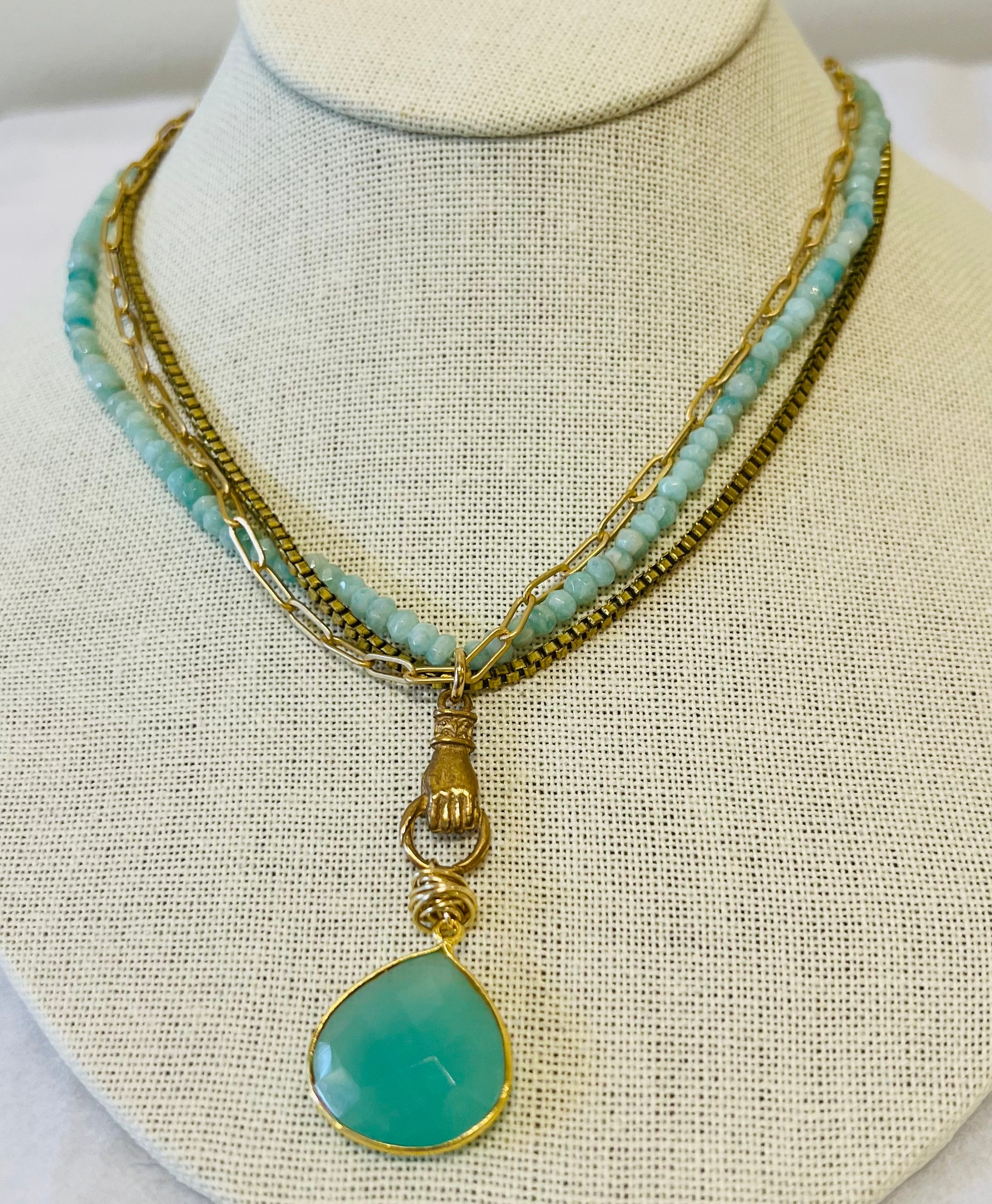 Petal Shaped Amazonite  with Vintage Bronze Hand, Faceted Aquamarine, Paperclip &amp; Box Chain