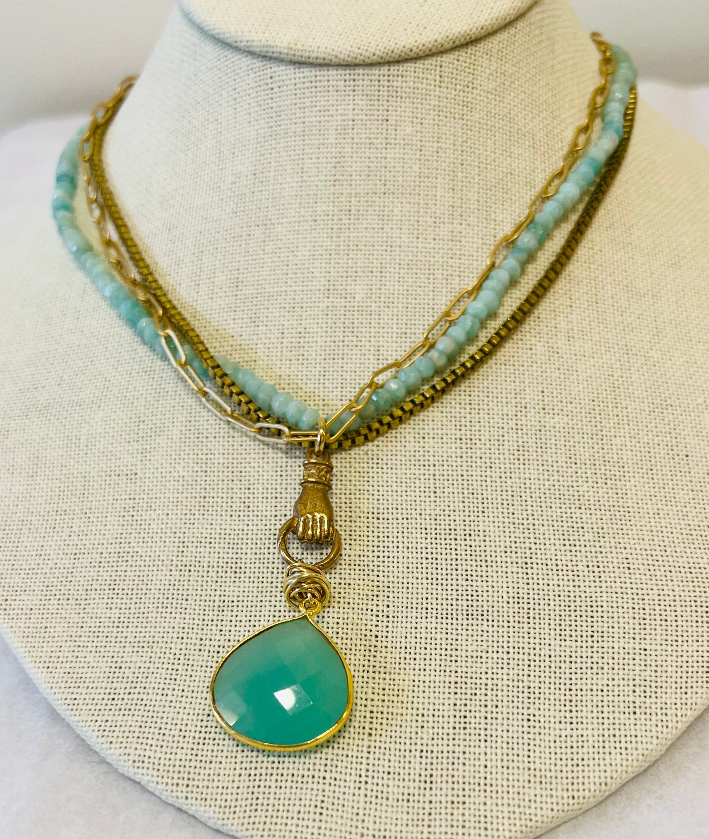 Petal Shaped Amazonite  with Vintage Bronze Hand, Faceted Aquamarine, Paperclip &amp; Box Chain