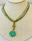Petal Shaped Amazonite  with Vintage Bronze Hand, Faceted Aquamarine, Paperclip & Box Chain