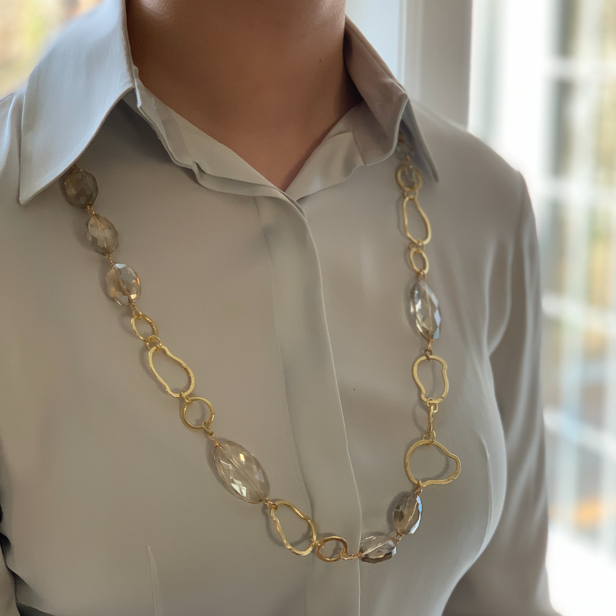 Gold Amoeba Chain Necklace with Champagne Crystal
