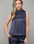SATIN TOP WITH RIBBED TRIM ,MOONLIGHT BLUE